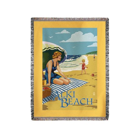 Alki Beach, West Seattle, Washington - Woman on Beach - Lantern Press Artwork (60x80 Woven Chenille Yarn Blanket)