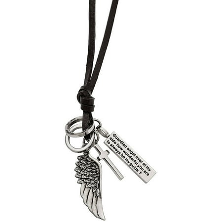 Primal Steel Stainless Steel Leather Cord Angel Wing Charms Slip-On Necklace, 29
