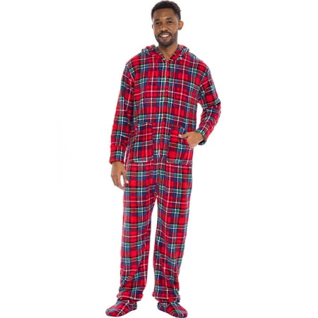 Alexander Del Rossa Men s Warm Fleece Hooded Footed Pajamas Christmas Plaid with Feet 3X Large Tall