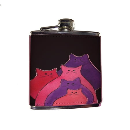 KuzmarK Pink Leather Flask - Pink Red Purple Abstract Kitites Cat Art by Denise Every