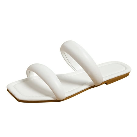 Cathalem Ladies Fashion Summer Solid Leather Square Toe Open Toe Flat Beach Slippers White 40