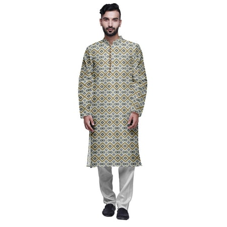 Atasi Mens Printed Modal Satin Indian Long Kurta With White Churidar Pajama Set