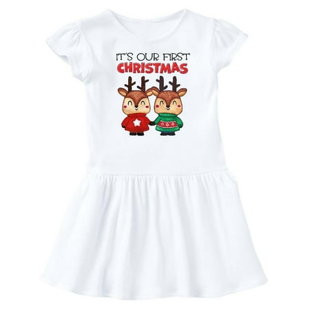 Inktastic It s Our 1st Christmas with Cute Reindeer Twins Gift Baby Girl Dress