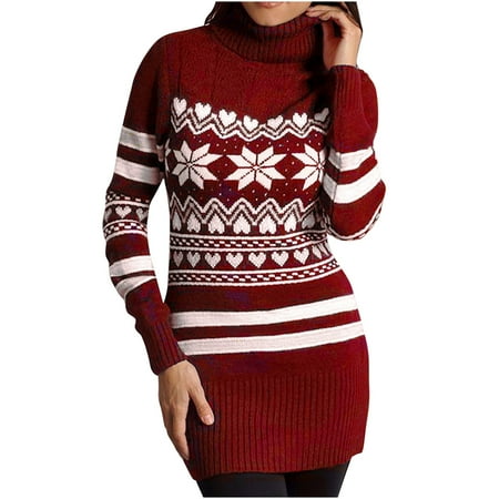 Valentine s Day Deals Women Fashion Casual O Neck Classic Long Sleeve Snowflake Print Loose Sweater Dress Red L