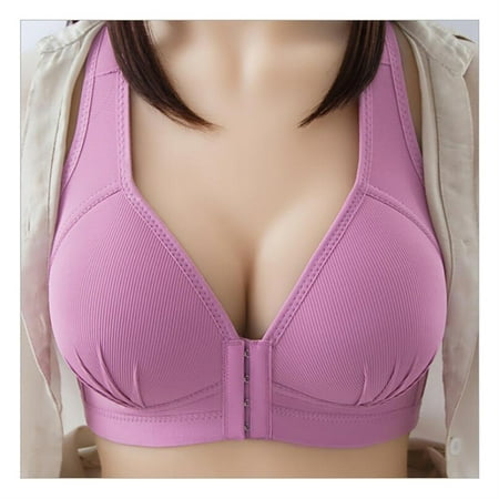 

Plus Size Push Up Bra Front Closure Solid Color Brassiere Bra 36-46 Wireless Underwear for Women 42 Purplish Red