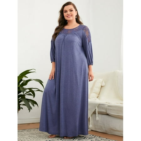 Women s Plus Sleep Lounge Contrast Lace lantern Sleeve Nightgown 021112W21153