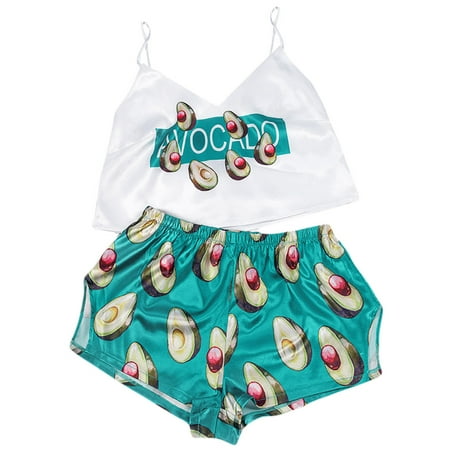 Dasbsug Women Summer Imitation Silk Pajamas Set Sexy Sleeveless V-Neck Backless Camis Top Cartoon Avocado Split Shorts Sleepwear
Dasbsug Women Summer Imitation Silk Pajamas Set Sexy Sleeveless V-Neck Backless Camis Top Cartoon Avocado Split Shorts Sleepwear