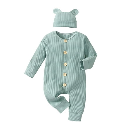 Infant Baby Boy Girl Knitted Romper Ribbed Long Sleeve Jumpsuit Solid Color Button Down Bodysuit with Hat Sets
Infant Baby Boy Girl Knitted Romper Ribbed Long Sleeve Jumpsuit Solid Color Button Down Bodysuit with Hat Sets