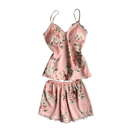 

Women Lingerie Floral Sexy Satin Pajama Sets Lace Trim Cami and Shorts Two Piece Straps Bralette and Panty Sleepwear