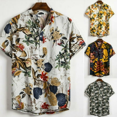 New Men's Short Sleeve Linen Shirt Summer Casual V-Neck Shirts Tops M-3XL Tee