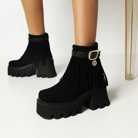 Autumn And Winter Thick-soled Thick High-heeled Suede Fringed Ladies Ankle Boots