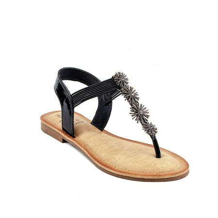GC Shoes Womens Carlie Faux Leather Thong Flat Sandals Black 7.5 Medium (B M)