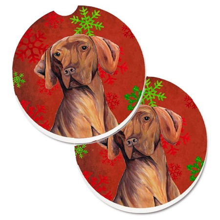 Vizsla Red & Green Snowflakes Holiday Christmas Set of 2 Cup Holder Car Coaster