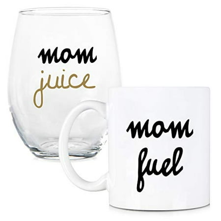 Mom Fuel Mom Juice - 11 oz Coffee Mug and 15 oz Stemless Wine Glass
