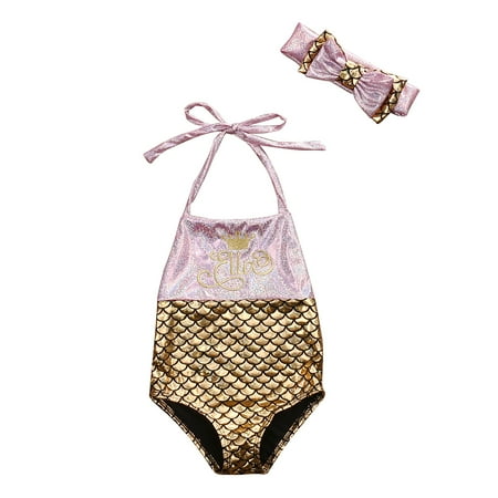 wsevypo Baby Girls Swimwear Bodysuit Fish Scales Mermaid Swimsuit+Headband