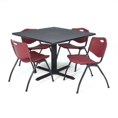Cain 30" Grey Square Breakroom Table and 4 'M' Stack Chairs, Multiple Colors
