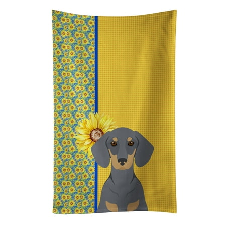 Summer Sunflowers Blue and Tan Dachshund Kitchen Towel 15 in x 25 in