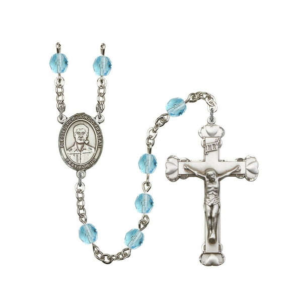 Blessed Pier Giorgio Frassati Silver-Plated Rosary 6mm March Light Blue Fire Polished Beads Crucifix Size 1 5/8 x 1 medal
