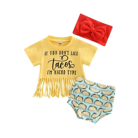 Newborn Girl Short Pants Outfits Short Sleeve Letter Printed Tassel Hem Tops + Taco Printed Shorts + Bow-Knot Headband Set
Newborn Girl Short Pants Outfits Short Sleeve Letter Printed Tassel Hem Tops + Taco Printed Shorts + Bow-Knot Headband Set