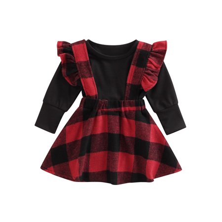 Musuos Little Girl s Christmas Skirt Set Round Neck Long Sleeve Solid Color Tops + Plaid Suspender Skirt 
Musuos Little Girl s Christmas Skirt Set Round Neck Long Sleeve Solid Color Tops + Plaid Suspender Skirt