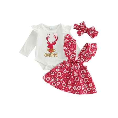 Infant Baby Girls Christmas Outfit Print Long Sleeve Romper Suspenders Skirt Hairband for Newborn