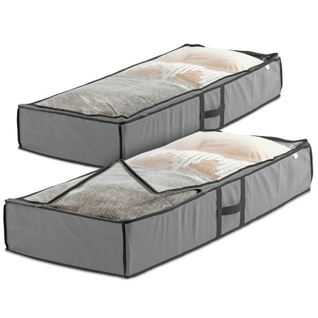 ZB Brand Underbed Storage Bag Flexible Zipperd (Pack of 2) Breathable Polypropylene Storage Bags for Blankets Clothes, Shoes, and Linens 18 x 42 x 6 inches - Grey