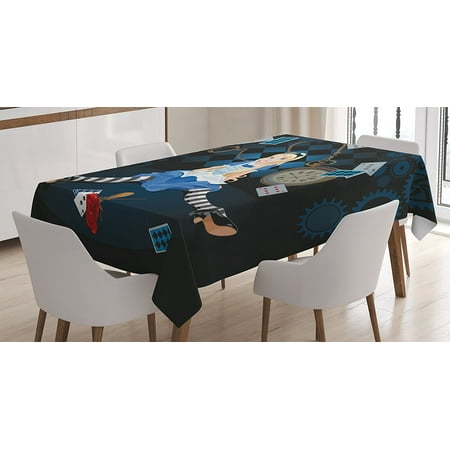 Alice in Wonderland Decorations Tablecloth by , Grown Size Alice Sitting with Fying Cards and Rose Flower Striped Cartoon, Rectangular Table Cover.., By Ambesonne