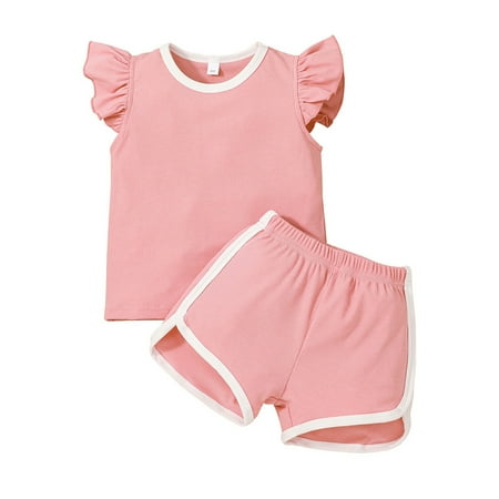 Toddler Baby Girl Outfit Fly Sleeve Solid Ribbed T-shirt Tops Shorts Clothes Set