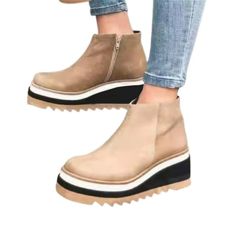 Womens Platform Ankle Boots Round Head Low Top Casual Boots For Women Lady 35 Khaki