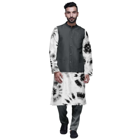 Atasi Mandarin Collar Traditional Kurta Pajama With Solid Jacket Set For Mens