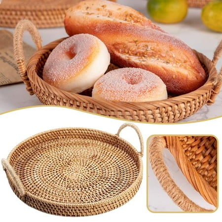 Handwoven Rattan Storage Tray with Handle Bread Food Plate Washable Round Desktop Storage Basket
Handwoven Rattan Storage Tray with Handle Bread Food Plate Washable Round Desktop Storage Basket