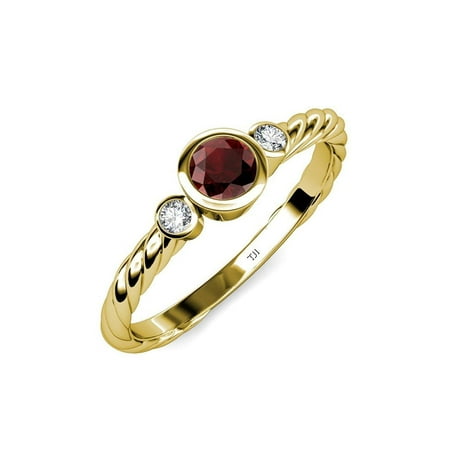 Red Garnet and Diamond (SI2-I1 G-H) Three Stone Rope Ring 0.76 ct tw in 14K Yellow Gold.size 4.5
Red Garnet and Diamond (SI2-I1 G-H) Three Stone Rope Ring 0.76 ct tw in 14K Yellow Gold.size 4.5