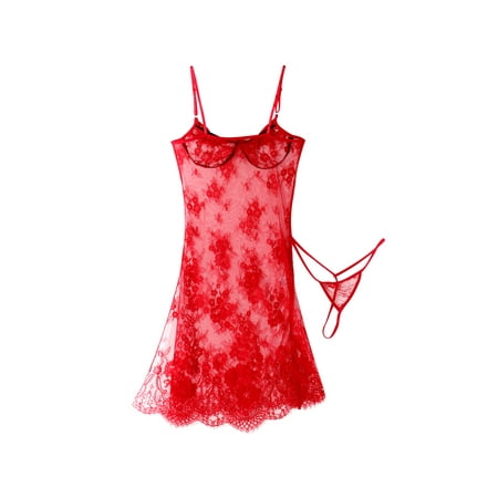 Spring hue Women Sexy Lingerie Set Sling Floral Lace Dress Mini G-String Suit