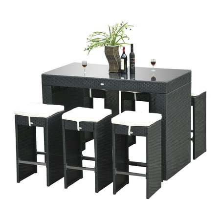 Outsunny 7pc Rattan Wicker Bar Stool Dining Table Set - Black