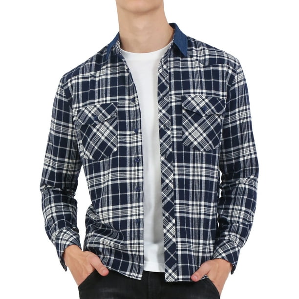 Men Plaid Flannel Shirt Denim Long Sleeve Button Down Shirt Navy White Plaids S