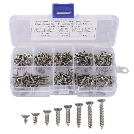

200Pcs Stainless Steel Flat Head Screws Kits High Strength Self-Tapping Screws Assortment Set For Wood Furniture