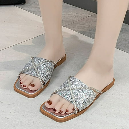 PhoneSoap Spring And Summer Fashion Women Slippers Sequin Cross Rhinestones With Open Toe Flat Bottom Silver