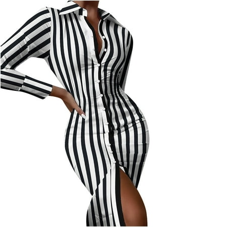 Women Dress Turn-down Neck Long Sleeve Printing Draw Back Shirt Buttons Dress