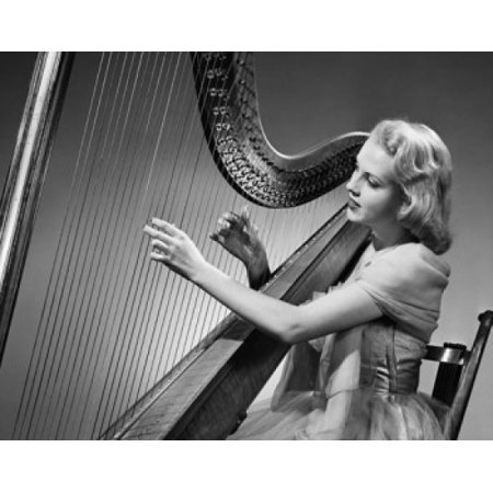 Side profile of a young woman playing a harp Poster Print