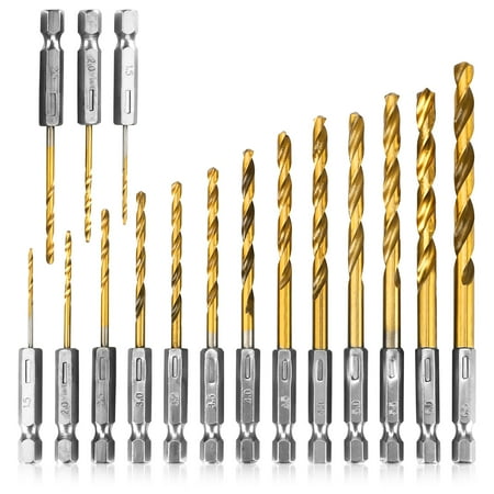 TSV 16pcs 1/4 Hex Shank Twist Drill Bits Titanium Coated High-Speed Steel Drill Bits for Wood Plastic Metal 1.5-6.5mm
TSV 16pcs 1/4 Hex Shank Twist Drill Bits Titanium Coated High-Speed Steel Drill Bits for Wood Plastic Metal 1.5-6.5mm
