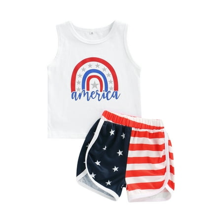 Arvbitana 1-5 Years 4th of July Toddler Girl Boy Summer Clothes Set Rainbow Print Short Sleeve/ Sleeveless Tops and Casual Striped Star Print Shorts Independence Day Set 2Pcs
Arvbitana 1-5 Years 4th of July Toddler Girl Boy Summer Clothes Set Rainbow Print Short Sleeve/ Sleeveless Tops and Casual Striped Star Print Shorts Independence Day Set 2Pcs
