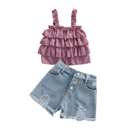 Sunisery Kids Toddler Girls 2Pcs Summer Outfits Sleeveless Ruffle Tank Tops + Ripped Denim Shorts Clothes Sets Purple 3-4 Years
Sunisery Kids Toddler Girls 2Pcs Summer Outfits Sleeveless Ruffle Tank Tops + Ripped Denim Shorts Clothes Sets Purple 3-4 Years
