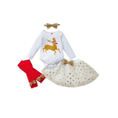 

ZIYIXIN Newborn Baby Girls 4PCS Christmas Outfits Long Sleeve Romper+Polka Dot Tutu Skirt+Leg Warmers+Headband Set White 6-12 Months