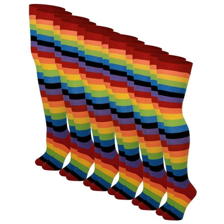 6 Pairs Pack Women Classic Rainbow Wide Stripes Thigh High Over the Knee Socks