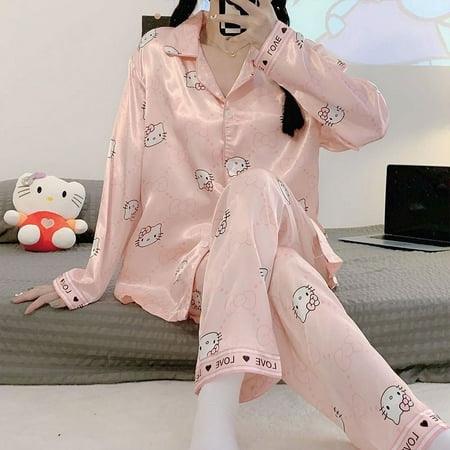 Ice Silk Hello Kitty Autumn and Winter Pajamas Women s Long Sleeve Pants Cartoon Students Loose Large Size Suit Home Clothing
Ice Silk Hello Kitty Autumn and Winter Pajamas Women s Long Sleeve Pants Cartoon Students Loose Large Size Suit Home Clothing