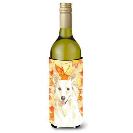 Fall Leaves White Collie Wine Bottle Beverge Insulator Hugger