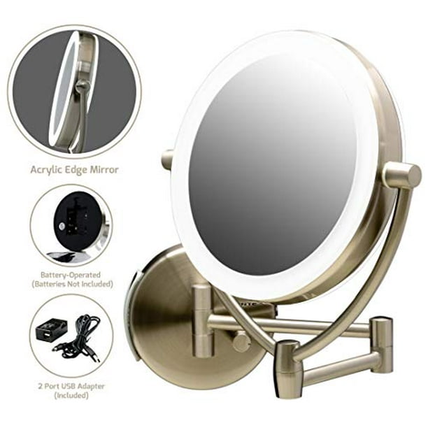 Ovente MLW75BR 7.5 Inch LED Lighted Wall Mount Makeup Mirror, 1x/10 Magnification, Nickel Brushed