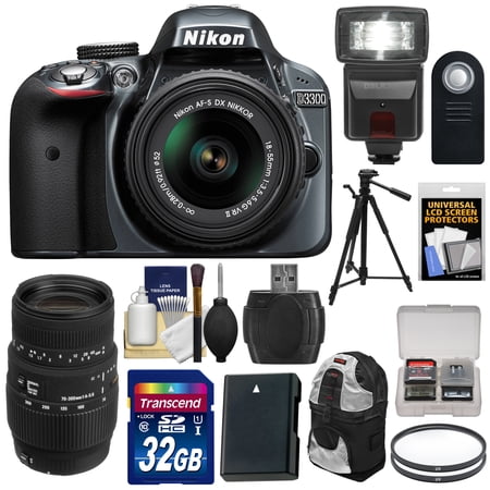 Nikon D3300 Digital SLR Camera & 18-55mm G VR DX II AF-S (Grey) & 70-300mm Lens with 32GB Card + Battery + Backpack Case + Flash + Tripod Kit