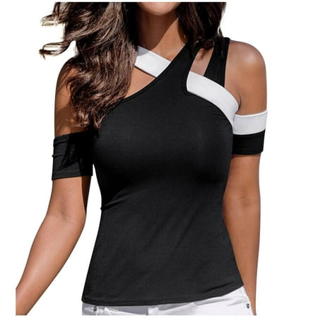 

COFEST Women s Casual Corset Slim Fit Tops Clearance Off the-shoulder Tops Sexy T-Shirt 2023 Summer Trendy Asymmetric Neck Shirts Patchwork Tees Dressy