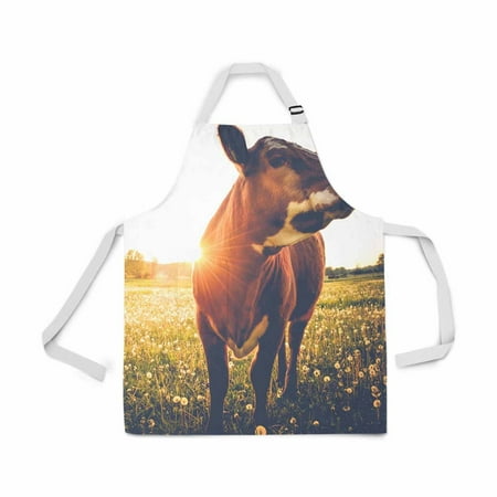 

ASHLEIGH Single Cow Meadow During Sunset Adjustable Bib Apron for Women Men Girls Chef with Pockets Novelty Kitchen Apron for Cooking Baking Gardening Pet Grooming Cleaning